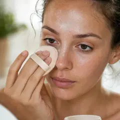 Une femme applique de la poudre sur son visage avec une houppette, étape clé pour comment appliquer du fond de teint et matifier le teint.