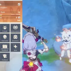 Interfejs gry Genshin Impact z menu postaci Yomiya i ikonami akcji, takimi jak "Shop" czy "Wish". Obok Paimon, towarzyszka gracza.