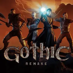 Czterech bohaterów, w tym mag z kulą energii, wojownik z toporem i łucznik, gotowi do walki w świecie Gothic Remake PS5.