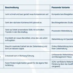 Tabelle mit Lerntypen und passenden Weiterbildungsvarianten. "Die Karrierestrategin" wählt ein berufsbegleitendes Studium für ihre Karriereplanung.