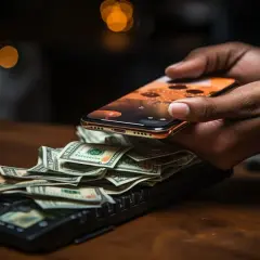 Dłonie trzymają smartfon nad stosem banknotów leżących na terminalu płatniczym. To przykład, jak działa autoryzacja co to jest w płatnościach zbliżeniowych.