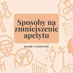 Sposoby na zmniejszenie apetytu: porady i wskazówki. Grafika przedstawia ikony związane z jedzeniem i kontrolą wagi.