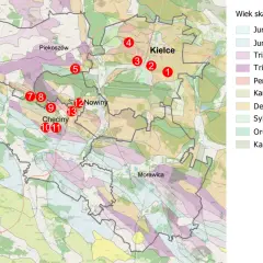 Mapa Gór Świętokrzyskich z zaznaczonymi punktami i legendą wieku skał.