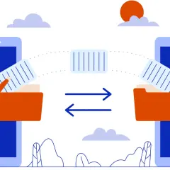 Ilustracja pokazuje transfer danych między dwoma smartfonami, co może pomóc w zrozumieniu, jak odzyskać zapis gry android.
