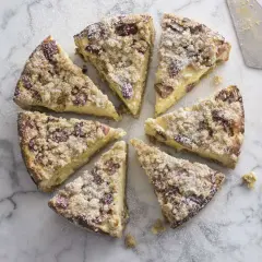 Süßer Rhabarber Schmand Kuchen, in Stücke geschnitten, mit Puderzucker bestäubt, auf Marmorplatte.
