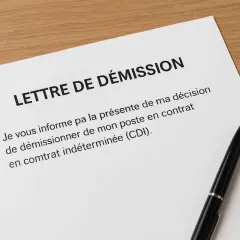 Une lettre de démission CDI avec préavis est posée sur un bureau en bois, avec un stylo noir à côté.