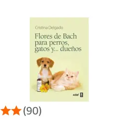 Un cachorro y un gato junto a un frasco de flores de Bach. El libro "Flores de Bach para perros, gatos y... dueños" de Cristina Delgado.