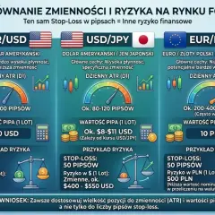 Porównanie zmienności i ryzyka na rynku Forex. Ten sam Stop-Loss w pipsach = inne ryzyko finansowe. EUR/USD, USD/JPY, EUR/PLN.