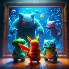 Pikachu, Bulbasaur i Charmander stoją przed obrazem, na którym widać potężne pokemony ogniste.