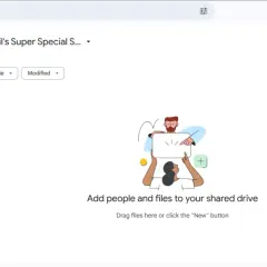 Google Drive interface showing "Abigail's Super Special S..." shared drive. Click "Manage members" to learn how to add to a shared Google Drive.