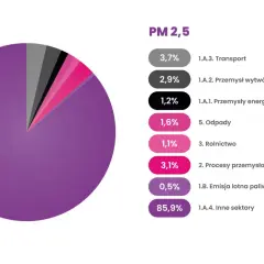 Wykres kołowy przedstawiający procentowy udział różnych sektorów w emisji PM 2,5 w Polsce.