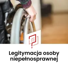Dłoń chwyta koło wózka inwalidzkiego. Pod spodem napis: "Legitymacja osoby niepełnosprawnej".