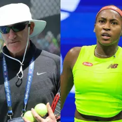 Trener Coco Gauff, w białym kapeluszu, omawia strategię z zawodniczką.
