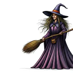 Una strega con cappello a punta e scopa, pronta a volare. In inglese, come si dice strega? Witch.