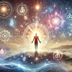 Mensch im Licht, umgeben von kosmischen Symbolen, die spirituelle Gaben erkennen lassen. Intuition und universelle Energien fließen.