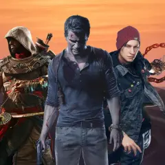 Trzech bohaterów gier: Bayek z Assassin's Creed Origins, Nathan Drake z Uncharted i Delsin Rowe z Infamous Second Son, na tle pustyni. Idealne dla fanów gier podobnych do Uncharted.