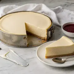 Cheesecake cotta in teglia, con una fetta servita su piatto, accompagnata da salsa ai frutti di bosco.