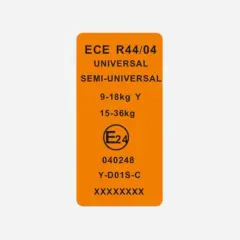 Orange Aufkleber mit ECE R44/04 Zulassung für Kindersitze, Universal/Semi-Universal, Gewichtsklassen 9-18kg und 15-36kg.