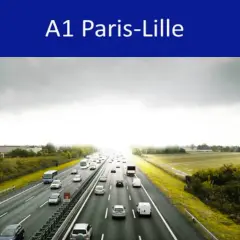 Trafic dense sur l'autoroute A1 Paris-Lille sous un ciel couvert. Des voitures et camions circulent sur plusieurs voies.