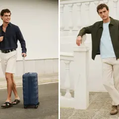 Eleganckie stylizacje męskie na co dzień: ciemna koszula i beżowe szorty z walizką lub jasna koszulka, oliwkowa kurtka i lniane spodnie.