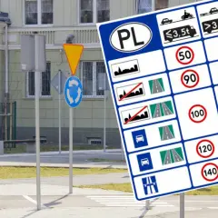 Na placu manewrowym widać wiele znaków drogowych: nakaz jazdy prosto, znak ostrzegawczy, znak ronda, a także tablicę z ograniczeniami prędkości.