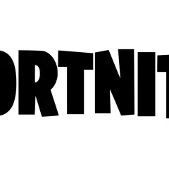 Czarny, wyrazisty znak Fortnite na białym tle.