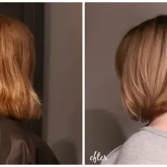 Före och efterbild på en fin bob frisyr med lockigt hår.