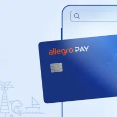 Karta Allegro Pay na tle smartfona. Płać wygodnie za zakupy, jakbyś kupował rower na wakacjach.