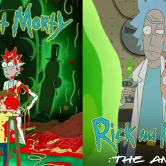 Rick und Morty Staffel 8: Rick und Morty im Anime-Stil, umgeben von Spaghetti und einer grünen, unheimlichen Atmosphäre.