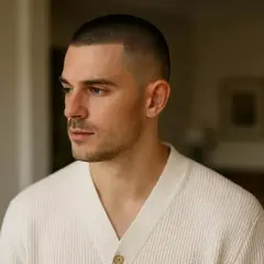 Un homme au regard pensif arbore un buzz cut court impeccable, vêtu d'un cardigan clair.