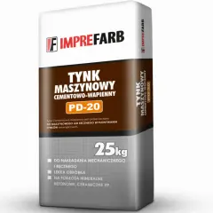 Worek z tynkiem maszynowym cementowo-wapiennym PD-20 marki Imprefarb. Idealny do nakładania mechanicznego i ręcznego.