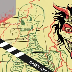 En demonisk figur och ett skelett, omgivna av röda linjer. Texten "ETT SKRATTA ÅT" och "INGET ATT S" antyder att detta är en illustration som visar vad betyder satir.