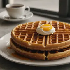 Gaufres dorées nappées de sirop, surmontées d'un œuf poché. Une tasse de café et un verre de jus complètent ce petit-déjeuner gourmand, parfait pour une recette gaufre réussie.