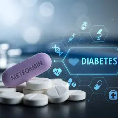 Fioletowa tabletka z napisem METFORMIN na stosie białych tabletek, obok ikony serca i napisu DIABETES.