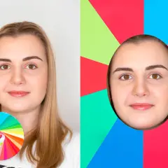 Kobieta z paletą barw i twarz w okręgu na tle kolorowych geometrycznych kształtów.