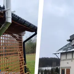Dwa zewnętrzne kominy: jeden ze stali nierdzewnej przy drewnianym domu, drugi czarny przy murowanym.