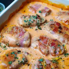 Saftiges schweinefilet im speckmantel, in cremiger Sauce mit Kräutern verfeinert. Ein Genuss für jeden Gaumen.