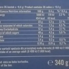 Tabela wartości odżywczych ptasiego mleczka: 43 kcal w kostce 9,4g. Zawiera 5,4g węglowodanów, 0,3g białka i 2,2g tłuszczu.