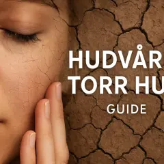 En närbild av ett ansikte med torr, sprucken hud. Texten "HUDVÅRD TORR HUD GUIDE" antyder att du kanske undrar vilken hudtyp jag har.