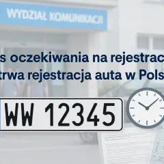 Ile trwa rejestracja samochodu w urzędzie? Zegar, tablica rejestracyjna i dokumenty wskazują na czas oczekiwania.