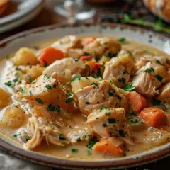 Une assiette de blanquette de dinde crémeuse avec des morceaux de dinde, des carottes et des pommes de terre, garnie de persil frais.