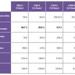 Tableau comparant les cotisations sociales et salariales selon différents niveaux de SMIC. Le montant maximum retenu pour la sécurité sociale varie.