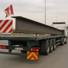 Długi, stalowy profil wystający z tyłu pojazdu, oznaczony flagą i tablicami ostrzegawczymi.