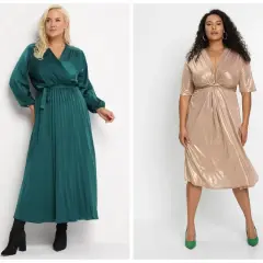 Eleganckie sukienki na święta plus size: szmaragdowa satynowa z plisowanym dołem i złota błyszcząca z drapowanym dekoltem.