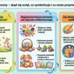 Ilustracja przedstawia trzy kolumny z informacjami o zajączku wielkanocnym: jego symbolikę, popularne prezenty i jak skomponować koszyczek.