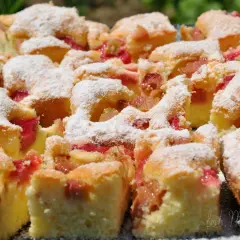 Puszyste ciasto z rabarbarem, posypane cukrem pudrem. Idealne na letnie popołudnie, gdy masz ochotę na domowy **przepis na ciasto z rabarbarem**.