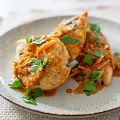 Délicieux sauté de poulet servi sur une assiette, garni d'oignons caramélisés et de persil frais.