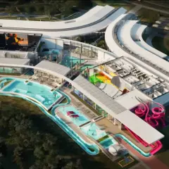 Nowoczesny aquapark Rzeszów z basenami, zjeżdżalniami i strefą relaksu. Widok z lotu ptaka na kompleks wodny.