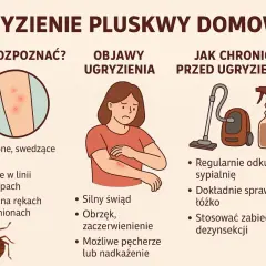 Ilustracja pokazuje ukąszenia pluskwy na skórze, objawy takie jak swędzenie i obrzęk, a także sposoby ochrony: odkurzanie i dezynsekcję.