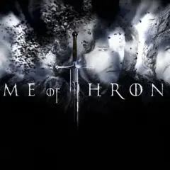 Twarze Jona Snowa, Tyriona i Aryi Stark na tle miecza i napisu "Game of Thrones".